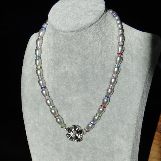 Silver glass  pearl and coloured crystal necklace with silver rose clasp