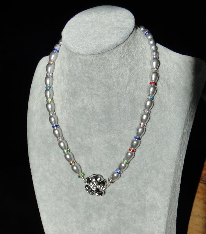 Silver glass  pearl and coloured crystal necklace with silver rose clasp