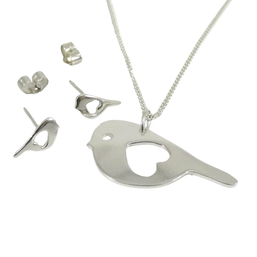 Bird jewellery set - large pendant and stud earrings (sterling silver)
