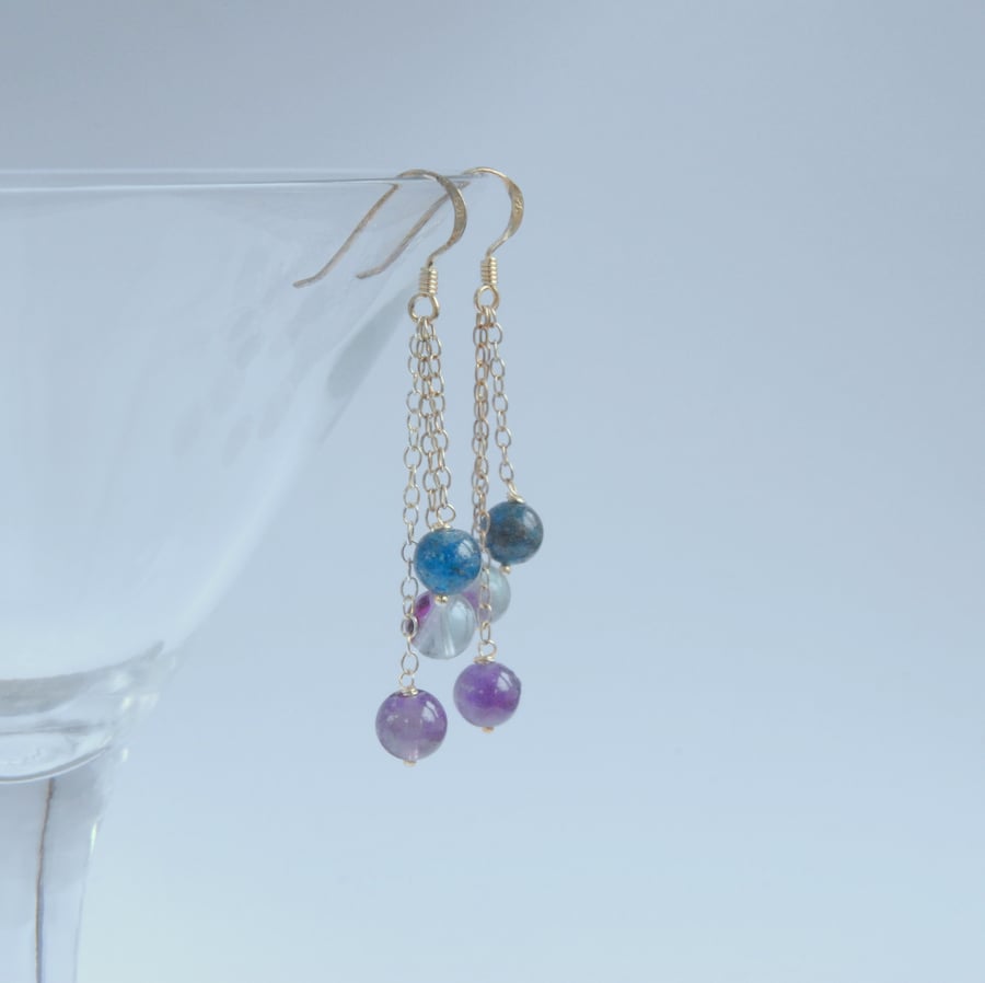 Dangly sterling silver earrings with amethyst, fluorite and apatite.