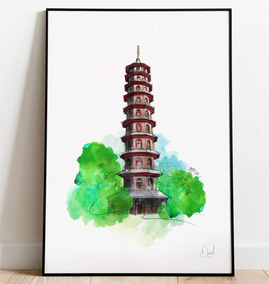 Kew Gardens Art Print, Grand Pagoda Illustration, Pagoda Drawing, Watercolour