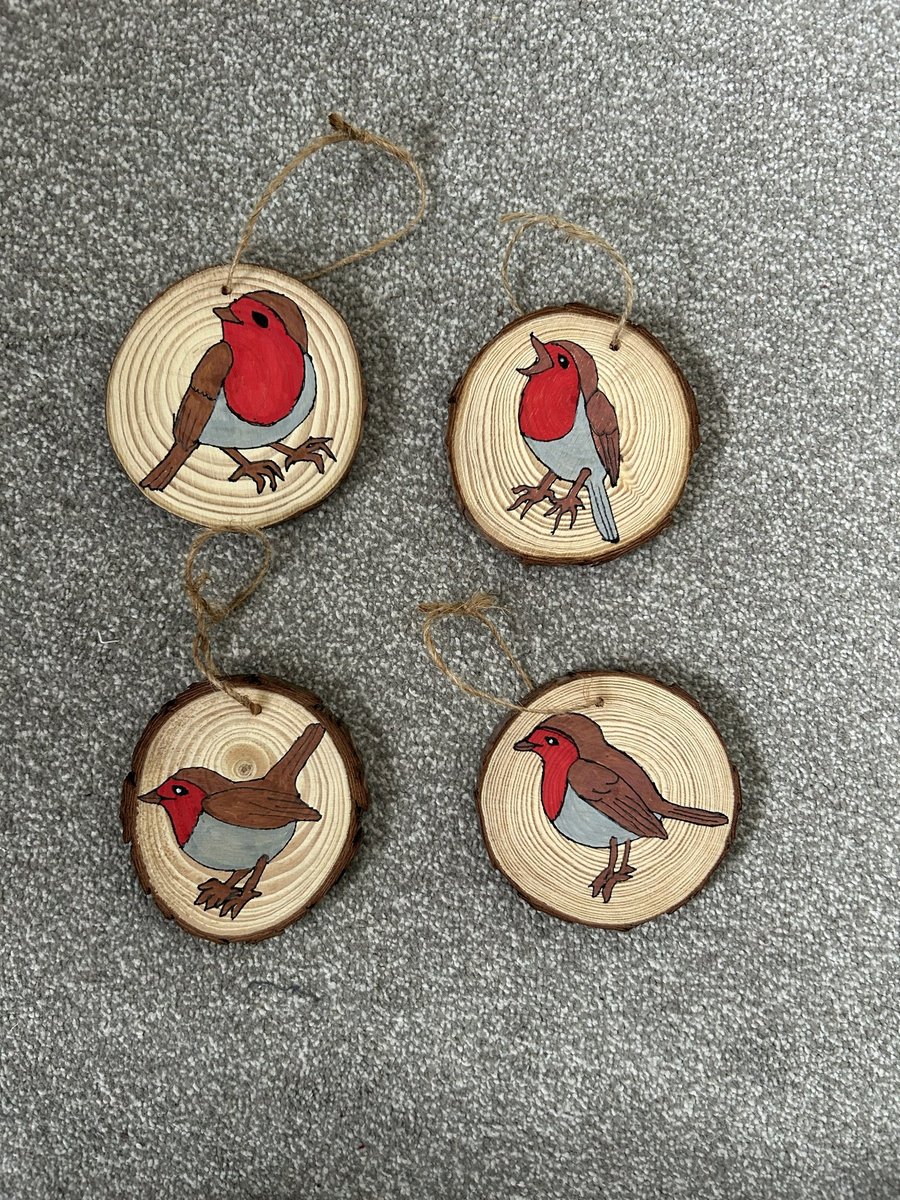 Set of 4 Robin Hand Drawn Wood Slice Decorations - Free P&P