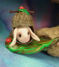 Lop-eared rabbit 'Bryar' on leaf and acorn tableau OOAK Sculpt by Ann Galvin