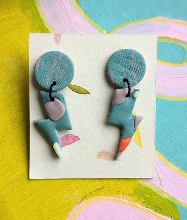 Blue, lilac and orange lightening bolt dangly earings 
