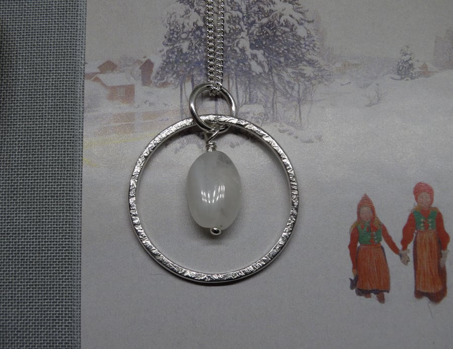 Silver moonstone hoop pendant - frost textured - gemstone necklace