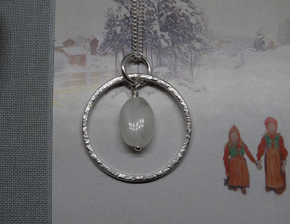 Silver moonstone hoop pendant - frost textured - gemstone necklace
