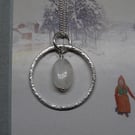 Silver moonstone hoop pendant - frost textured - gemstone necklace