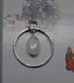 Silver moonstone hoop pendant - frost textured - gemstone necklace