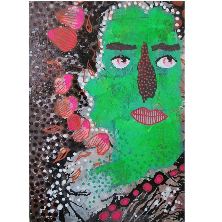 Abstract Green Face Portrait Painting Lowbrow Crude Art Mounted Small Artwork