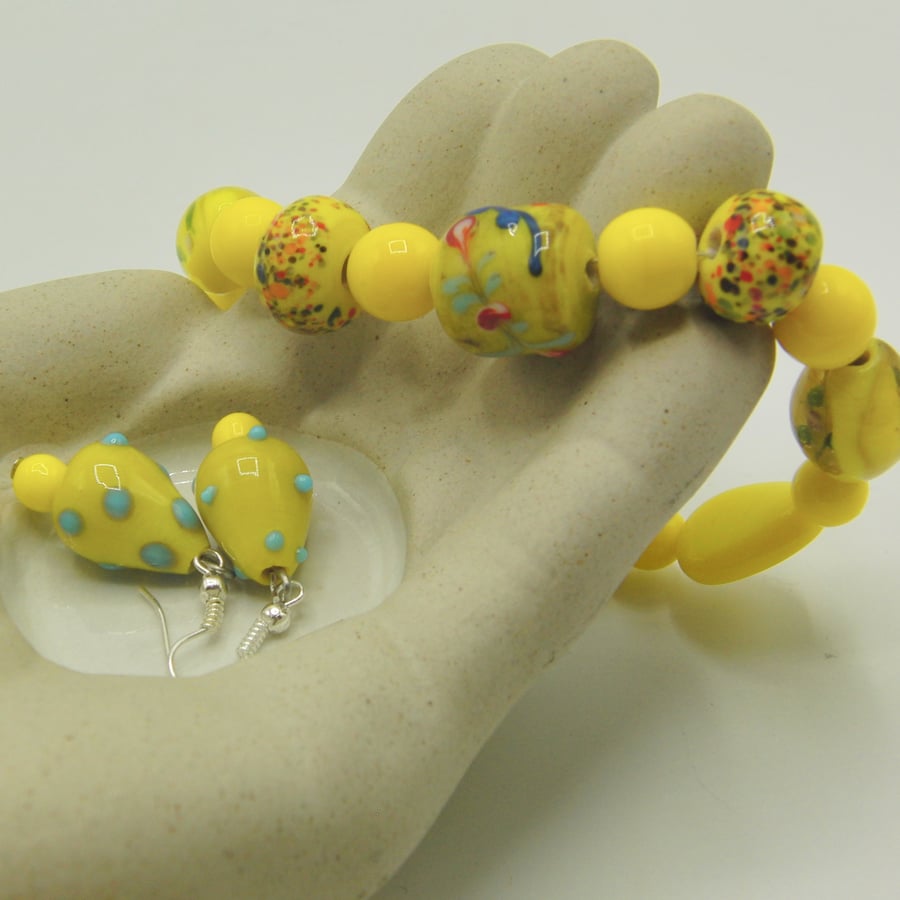 Mixed Yellow Beads Bracelet and Earrings Set, Yellow Jewellery, Gift for Her