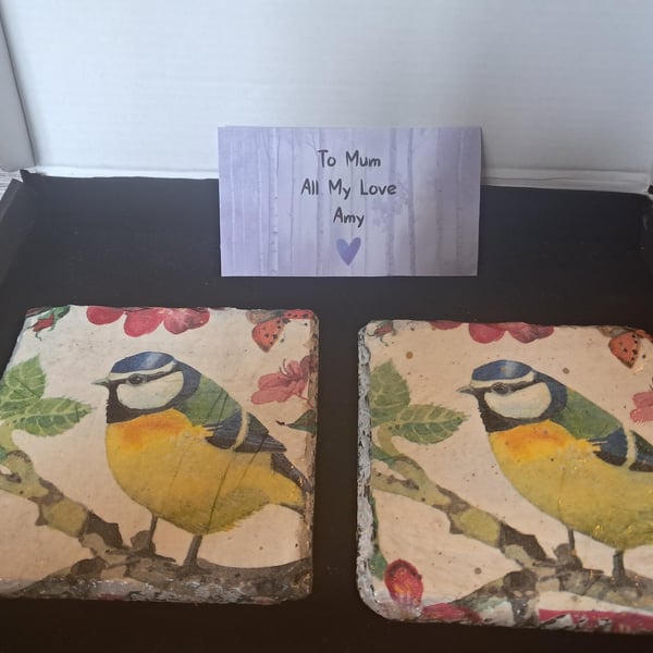 Emma Bridgewater Inspired Slate Floral Bird Coasters, Hand Painted