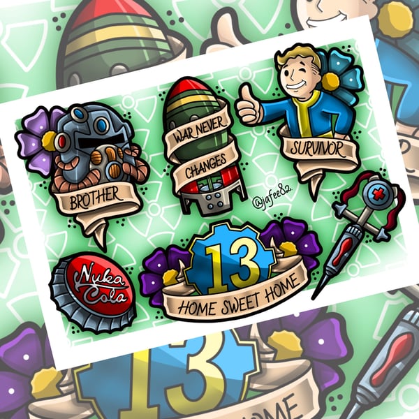 Fallout inspired Full Colour New School Tattoo Flash Print