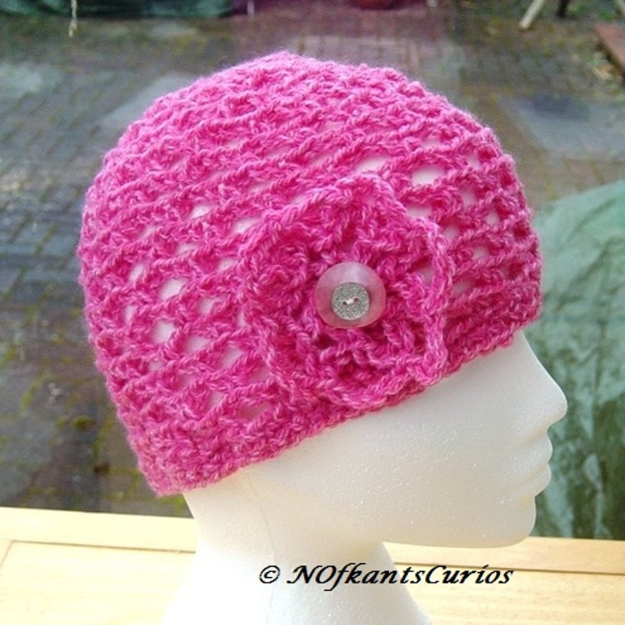 Sweetie Pink Latice Floral Crocheted  loose fit Beanie Hat 