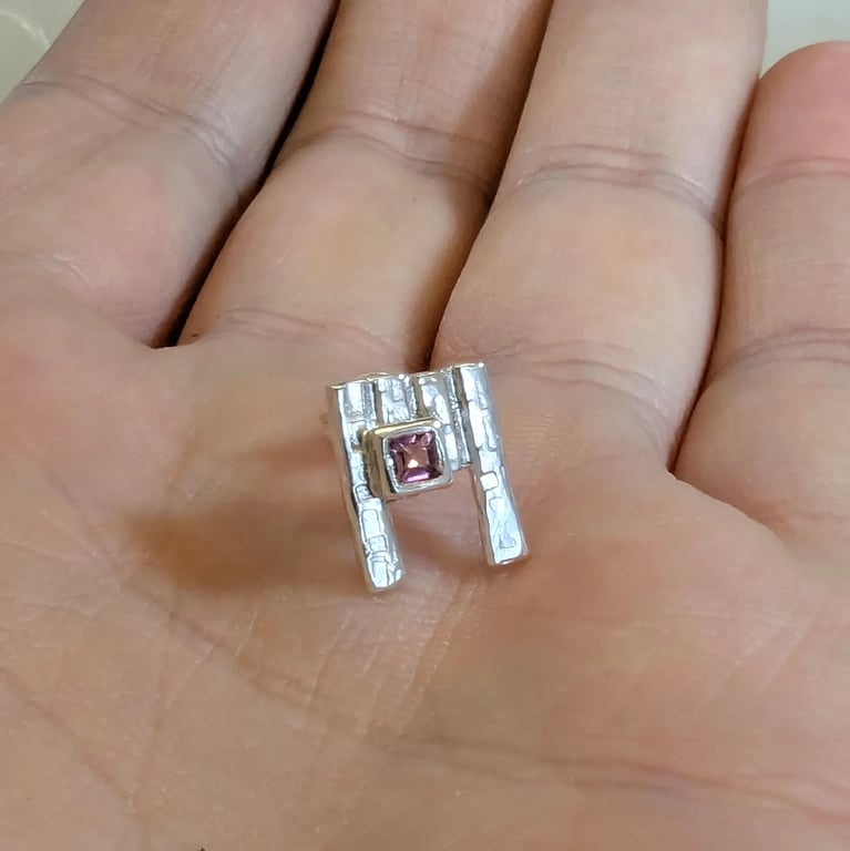 Sterling silver Pink Tourmaline STONE Single Stud earring, Handmade Urban
