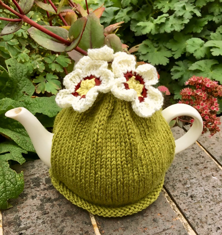 Hellebore Flower Tea Cosy, Lime Green Tea Cozy with Frosted Cream Flowers