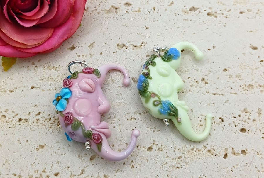 Lampwork Glass Moon Pendant, Sterling Silver Jewellery, Moon Face Pendant, Flora