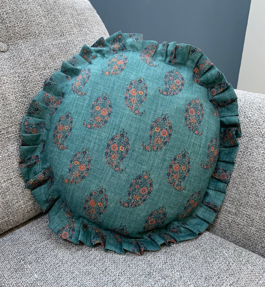 SALE Teal paisley linen cushion cover with frill
