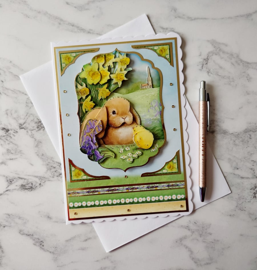 Easter Wishes Bunny Chick Daffodils Spring Countryside 3D Luxury Handmade Card