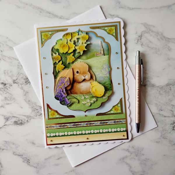 Easter Wishes Bunny Chick Daffodils Spring Countryside 3D Luxury Handmade Card