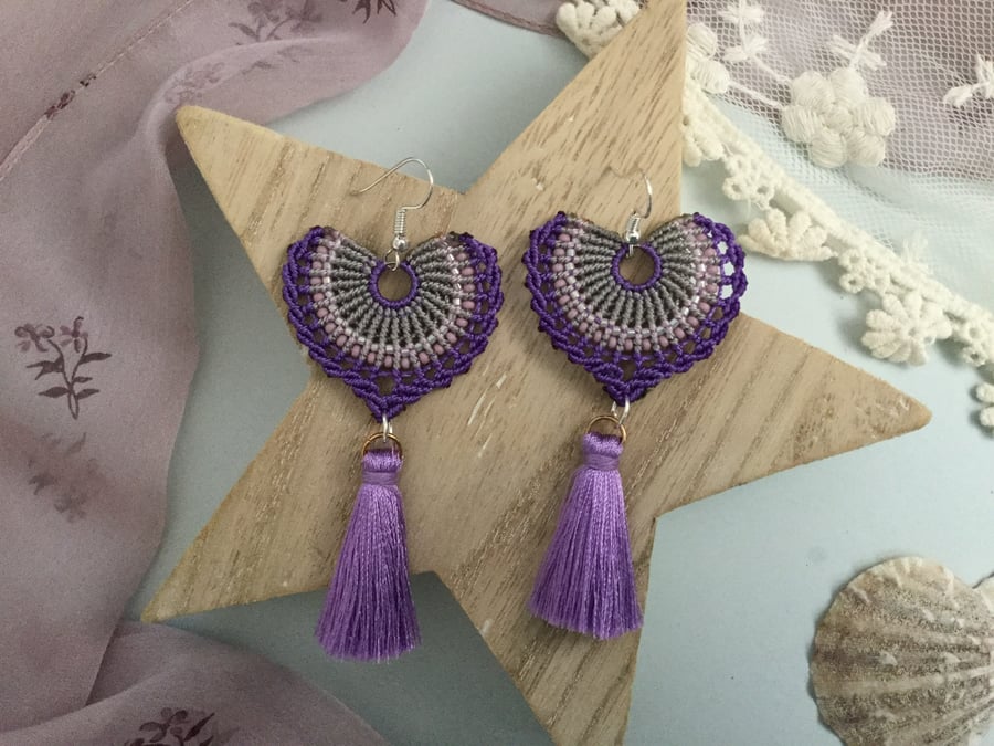 Spanish Tassel macrame beaded fan earrings, boho earrings, seed bead earrings,  