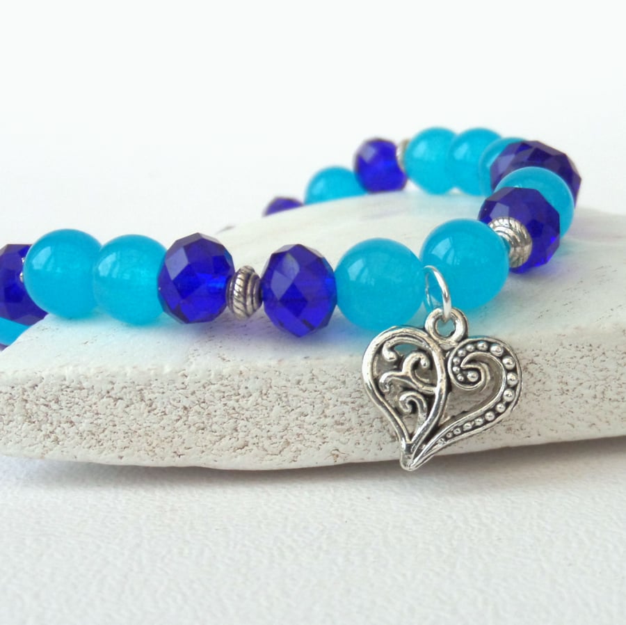 Blue gemstone and crystal stretchy bracelet, with heart charm 