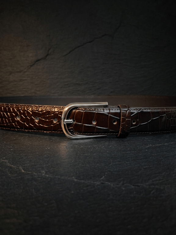 Dark Brown Full Grain Crocodile Leather Belt Arched Silver Buckle Mens 38mm