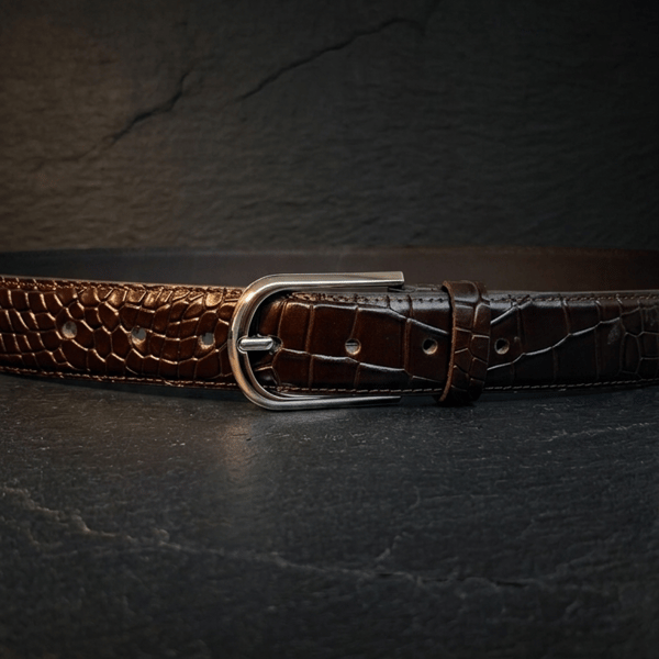 Dark Brown Full Grain Crocodile Leather Belt Arched Silver Buckle Mens 38mm