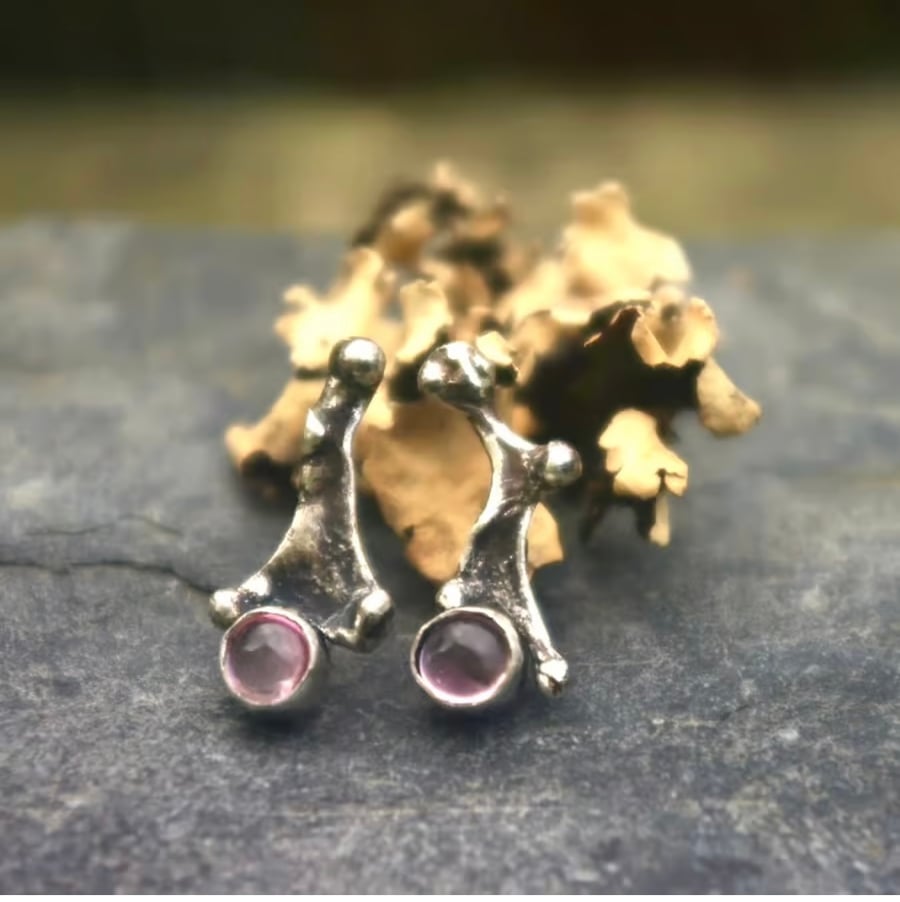 Textured Silver Stud Earrings with Pink Tourmaline 