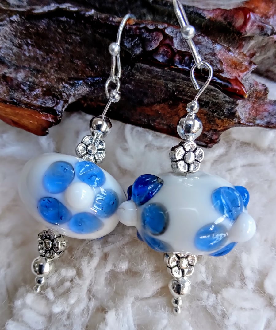 Funky blue & white Lampwork glass & Tibetan silver beaded EARRINGS