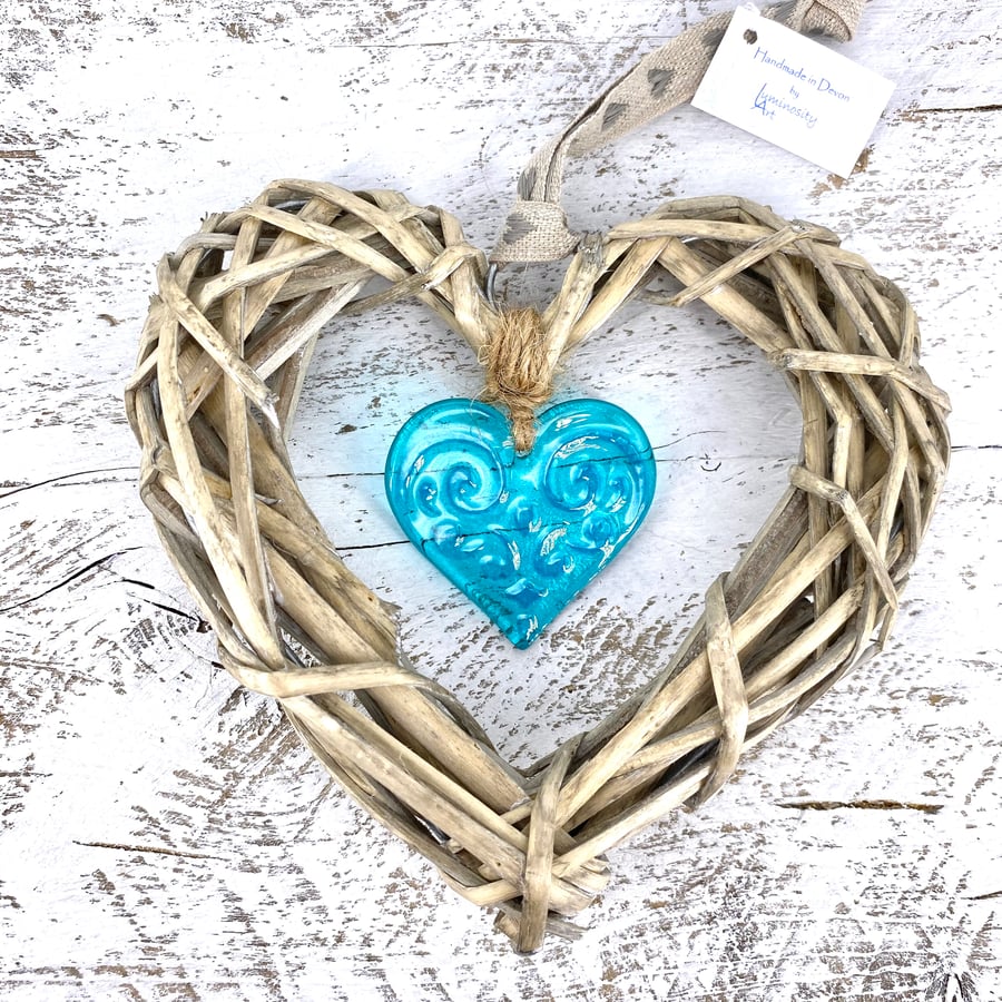 Fused Glass & Wicker Hanging Heart -  Turquoise
