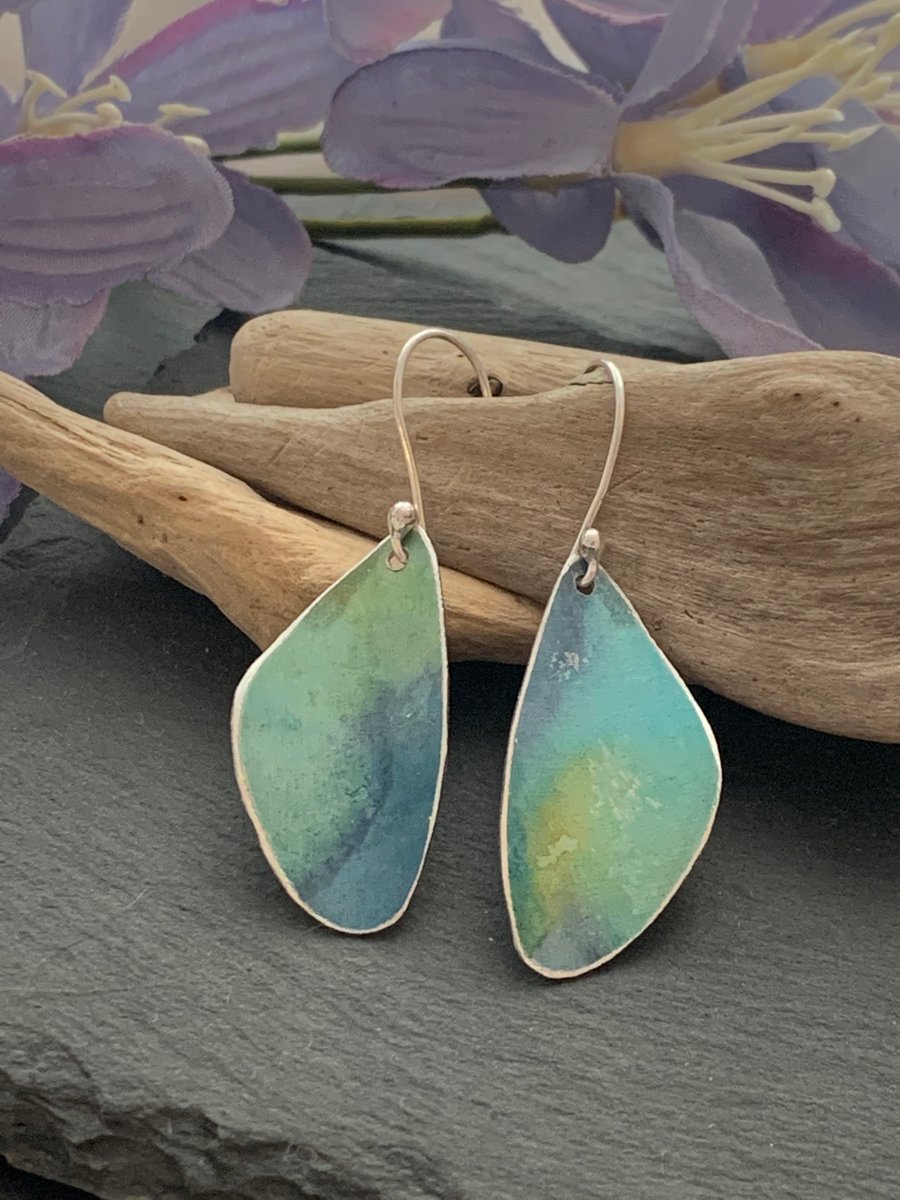 Printed Aluminium and sterling silver earrings - Green blue watercolour effect 