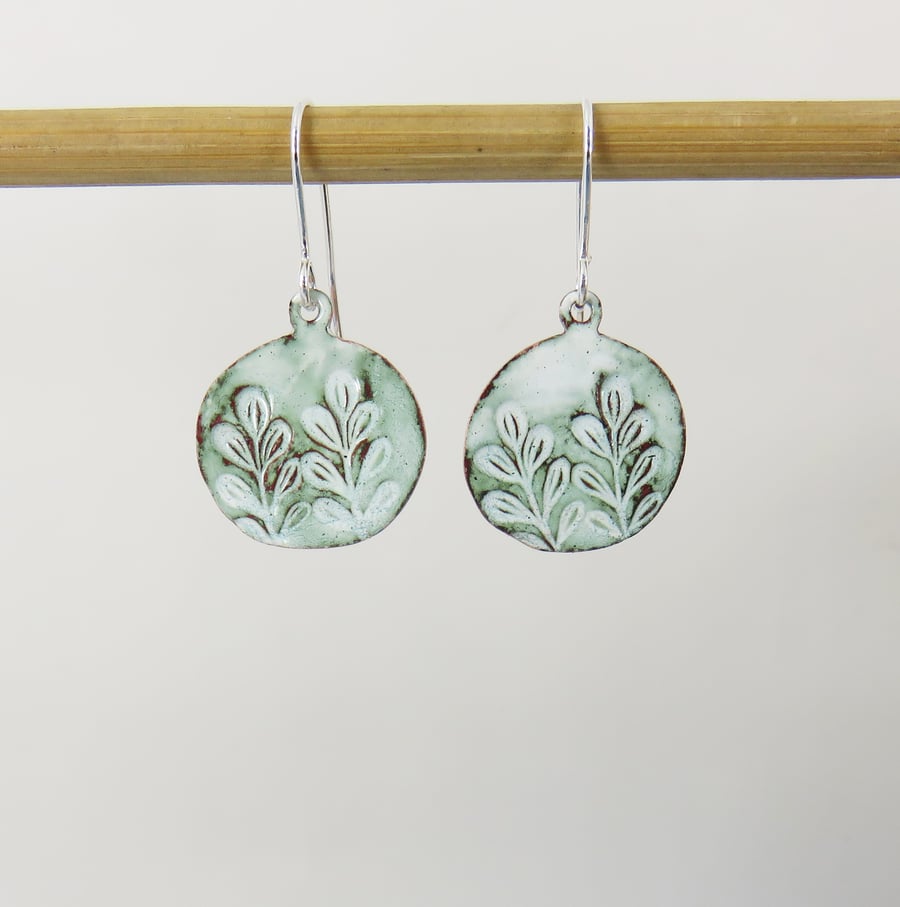 Organic Shaped Enamel on Copper Leaf textured Drop Dangle Earrings