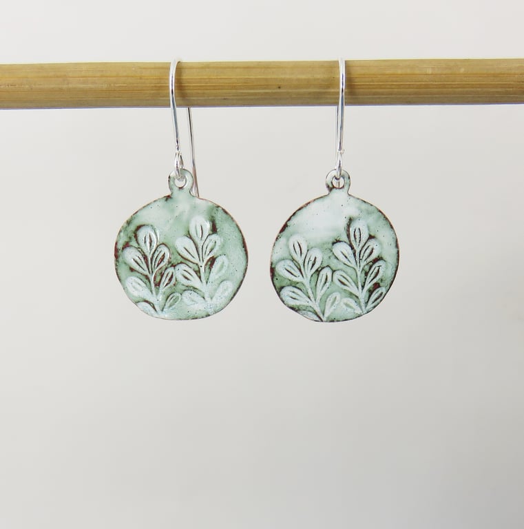 Organic Shaped Enamel on Copper Leaf textured Drop Dangle Earrings