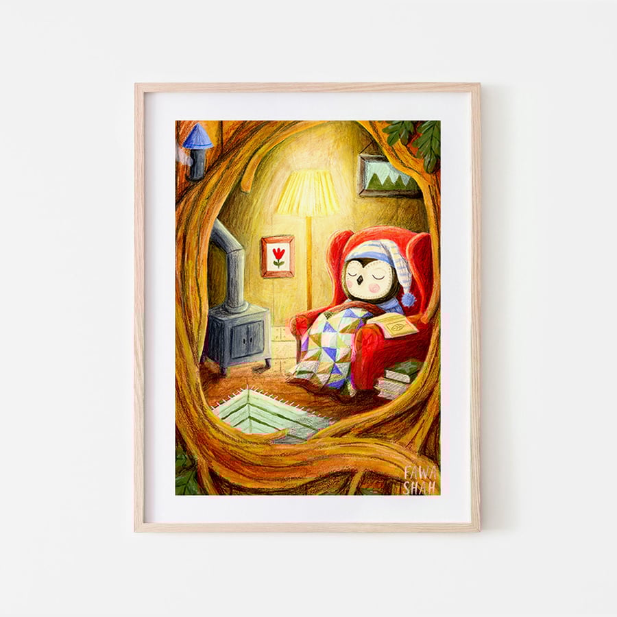 Cosy Owl - Woodland bird - Owl Lovers - Book Lovers - A4 art print