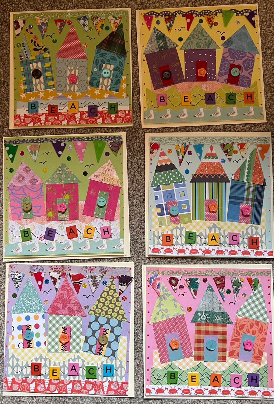 Hand crafted Greetings card  beach huts nautical theme!