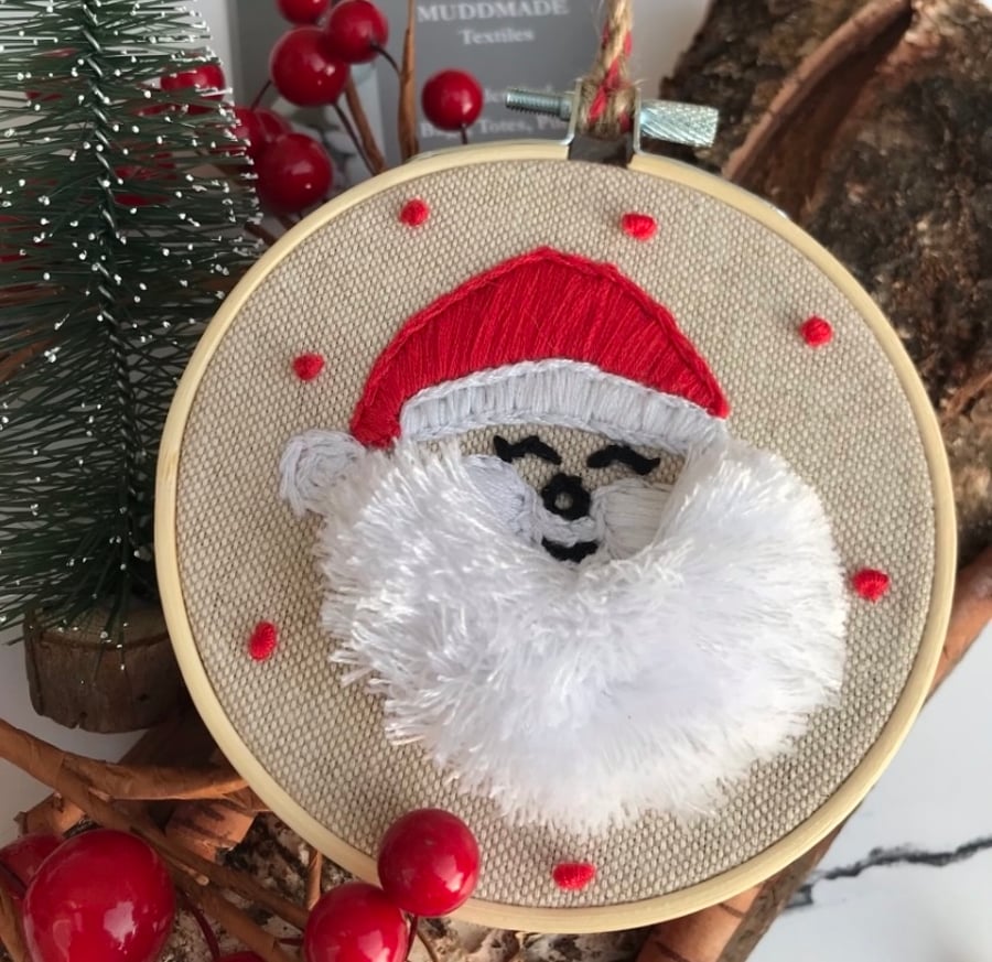 Hand Embroidered 'Laughing Santa' Christmas Decoration Art Hoop