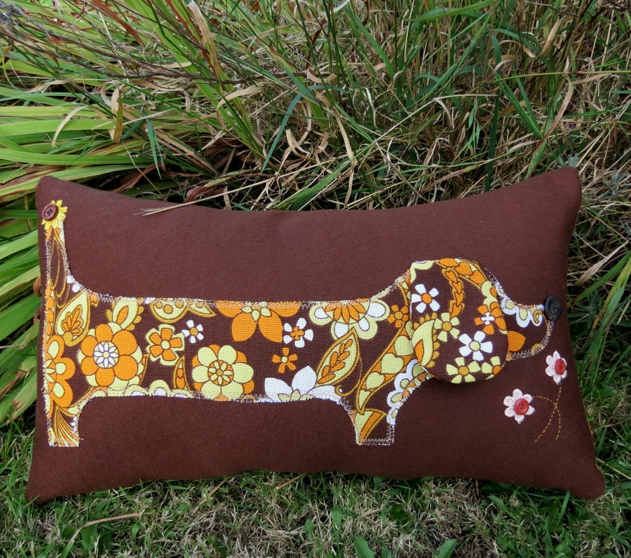 Marigold, a groovy retro dachshund cushion.  With cushion pad.