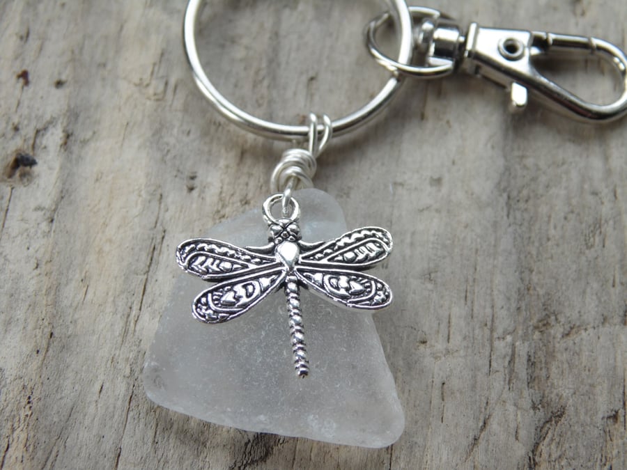 White Cornish Sea Glass with Draongfly Charm Bag Charm Keyring K560