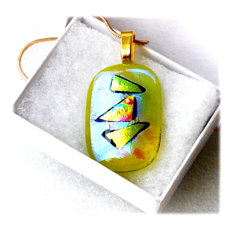 Yellow Dichroic Glass Pendant 149 Gold Triangle with gold plated chain