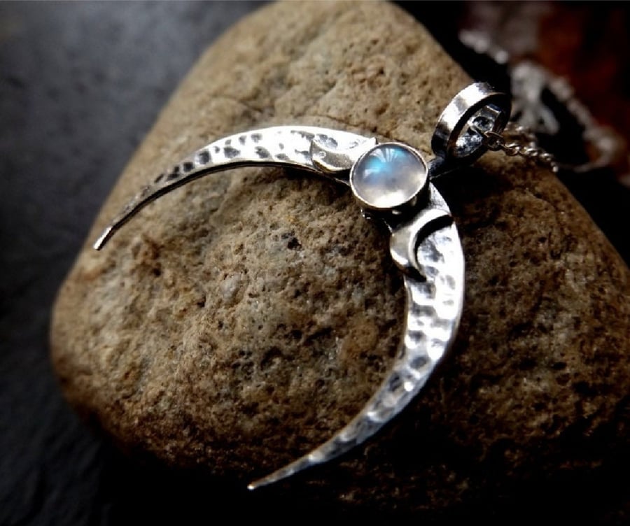 Silver Crescent Moon necklace with moonstone , spiral bail with hammered finish