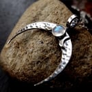 Silver Crescent Moon necklace with moonstone , spiral bail with hammered finish