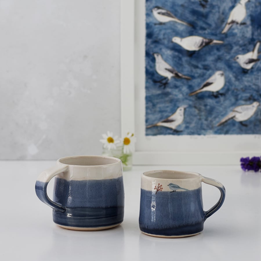 Blue and white espresso cup with bird - handmade illustrated pottery