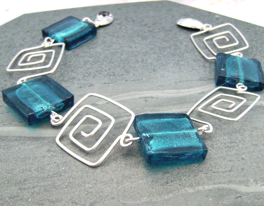 Teal Blue Glass & Spiral Wire Bracelet