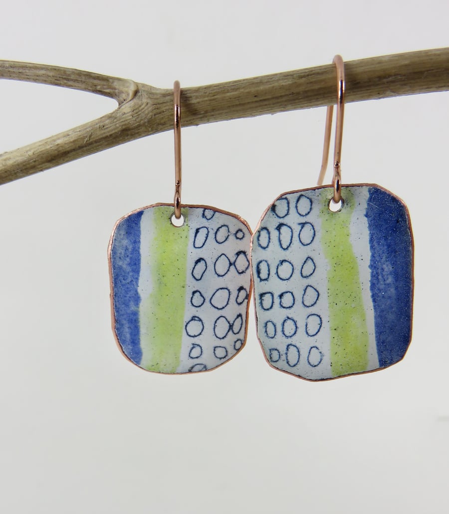 Rectangle Enamel Blue, Yellow and White Dangle Earrings with Hand Drawn Pattern