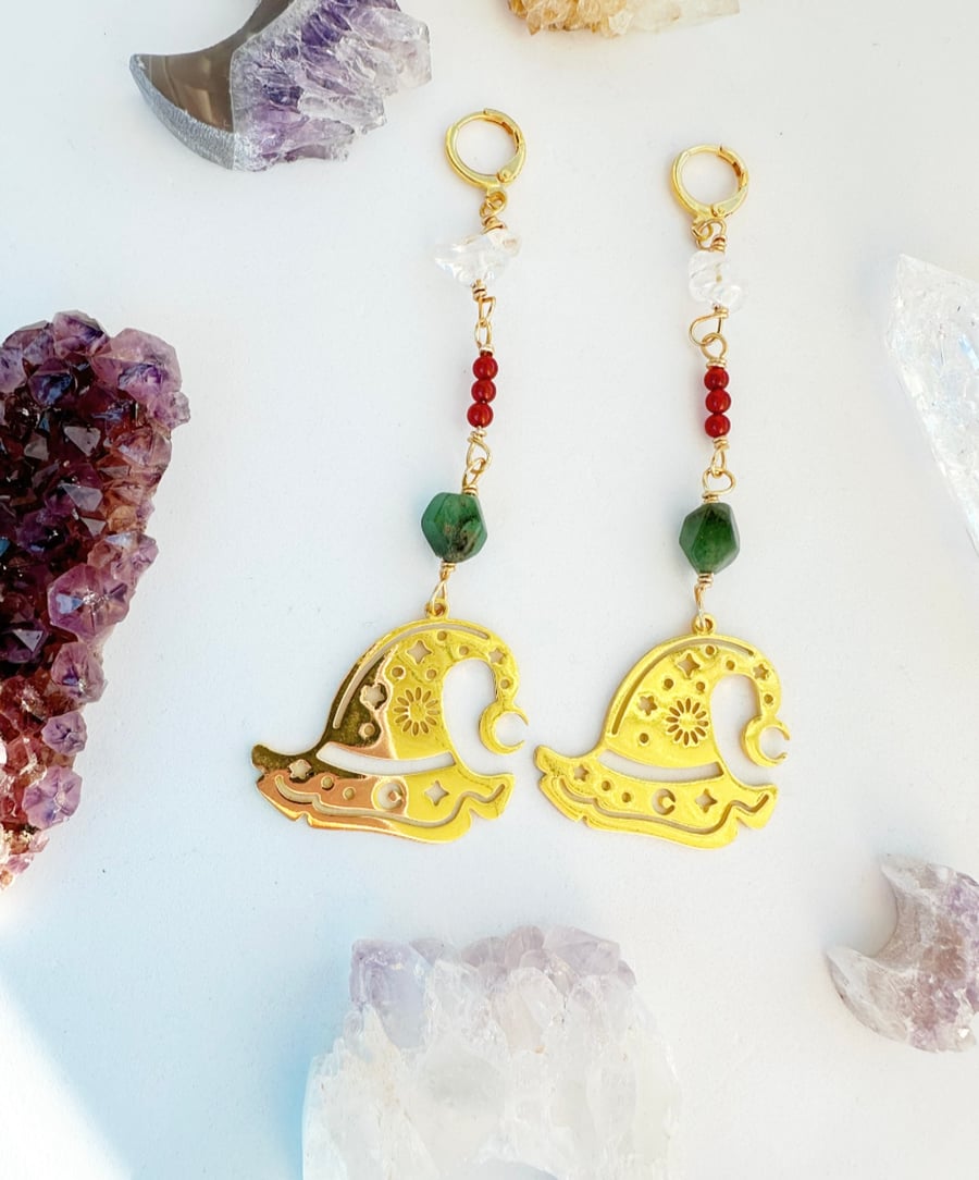 Witch Earrings, Crystal gold earrings, Carnelian earrings, Jade, Quartz Earrings
