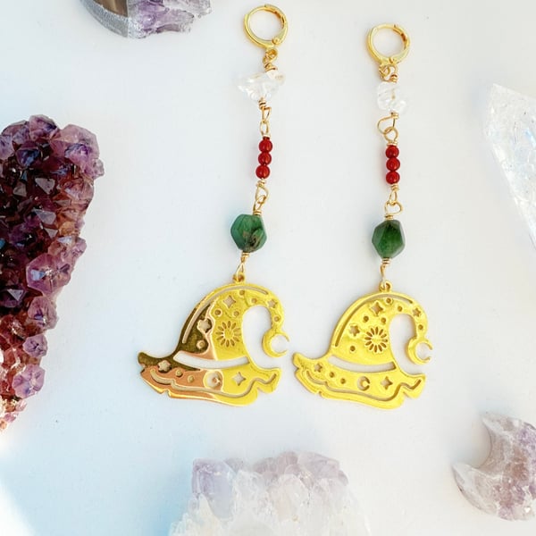Witch Earrings, Crystal gold earrings, Carnelian earrings, Jade, Quartz Earrings