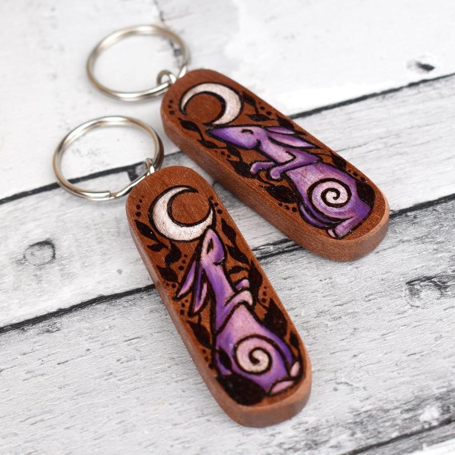 Blessed Be. Pyrography purple moongazing hare keyring.