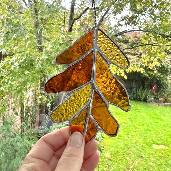 Stained Glass Oak Leaf Suncatcher - Handmade Hanging Window Decoration 