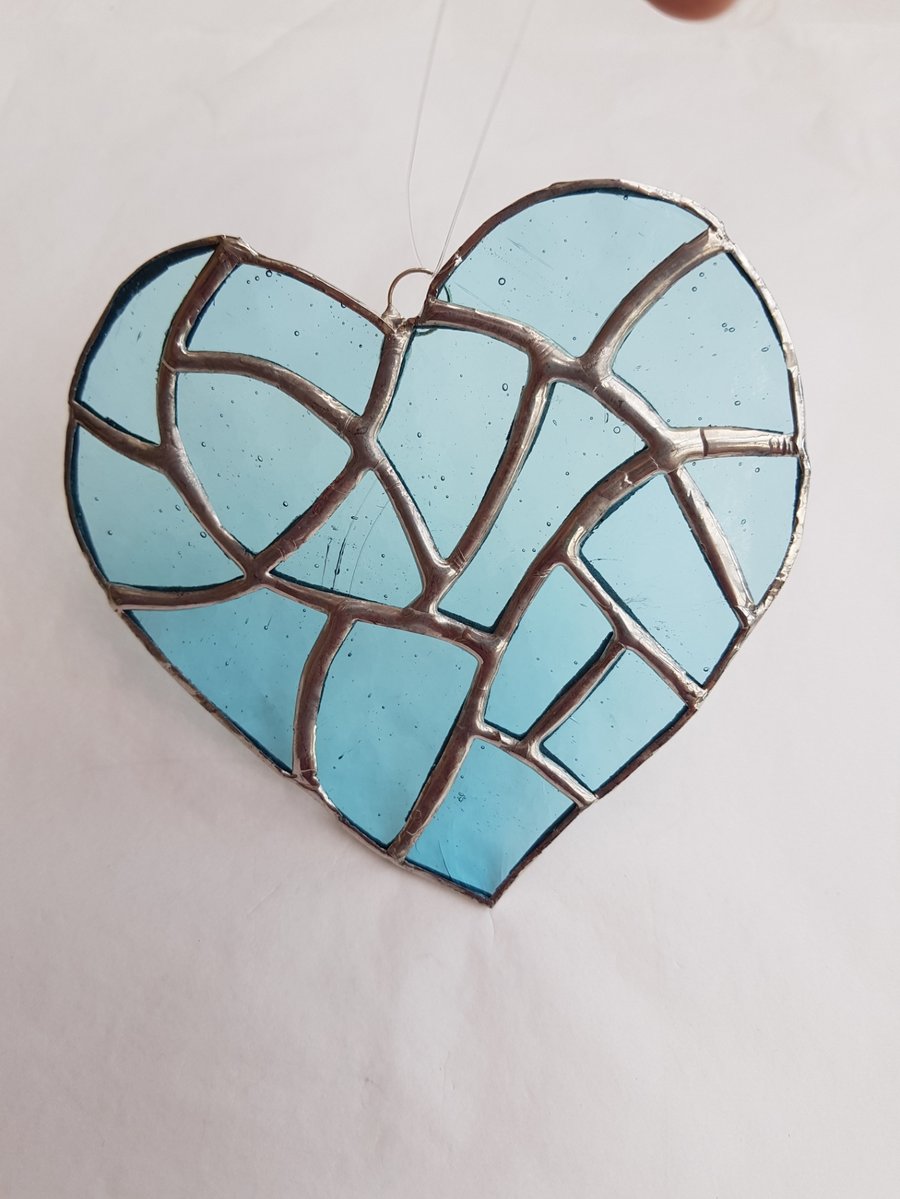424 Stained Glass Medium Multi blue Heart - handmade hanging decoration.