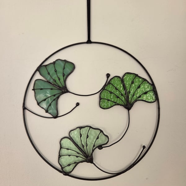 Stained Glass Ginkgo Leaf Wall Hanging Botanical Green Handmade Wall Hanging
